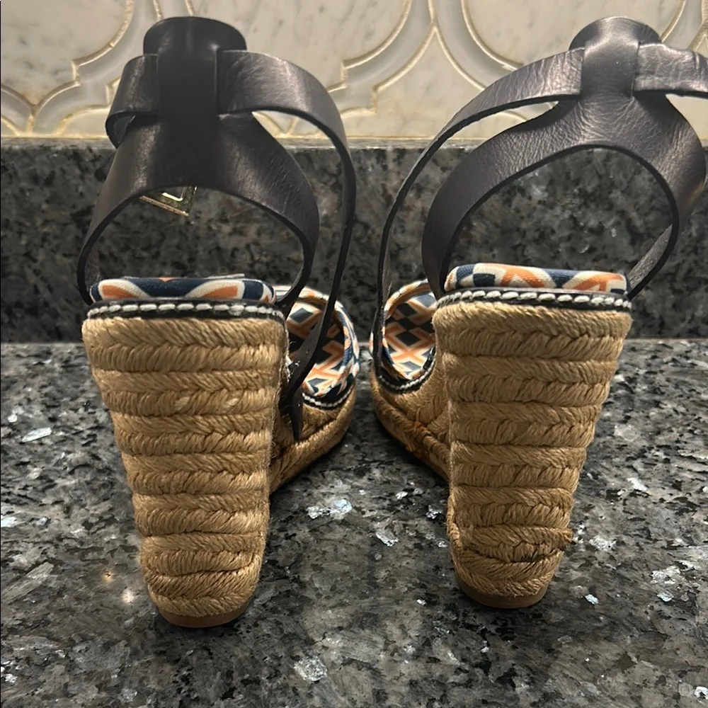 Tory Burch Navy & Orange Geometric Espadrille Wedge Sandals